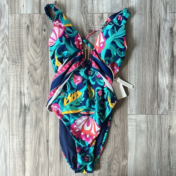 Trina Turk India Garden floral navy red pink green swim one piece wire plunge - Picture 3 of 7